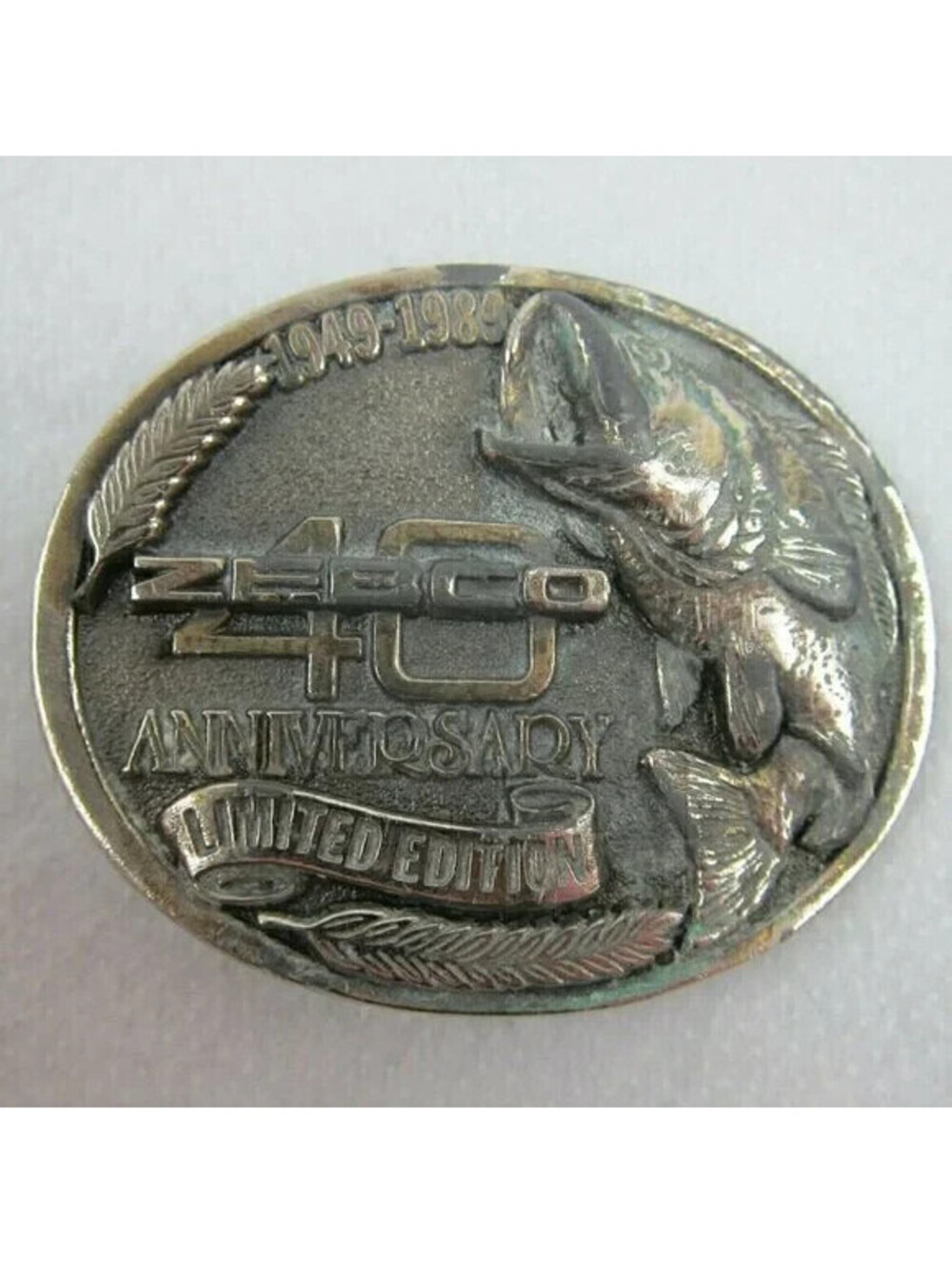 Vintage Zebco Fishing Belt Buckle 40th Anniversary Limited Edition Bass Fly 1989